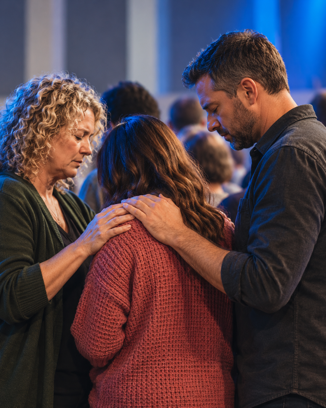 Illustrative image of a woman and a man praying with a woman in a church gathering